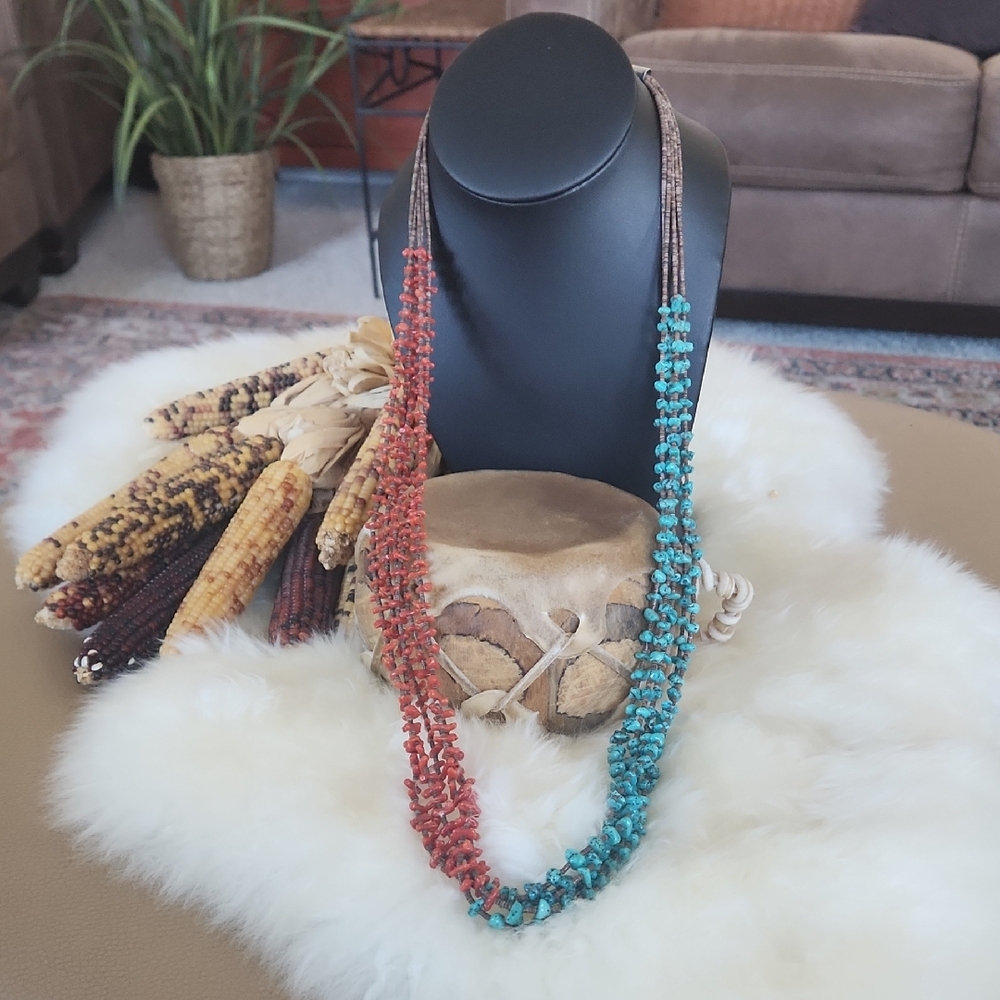 Vintage Native American Santo Domingo Turquoise & Coral Nugget  Necklace 💙🎁❤️